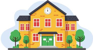 Yellow School Building with Clock and Green Doors Surrounded by Trees Illustration vector