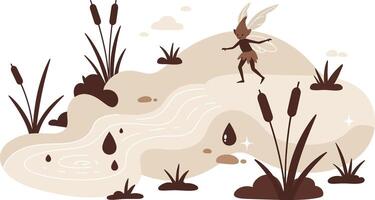 Small fairy flying over beige and brown marshland with cattail plants illustration vector