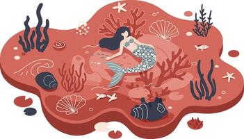 Mermaid resting on coral reef surrounded by sea life in stylized underwater scene illustration vector