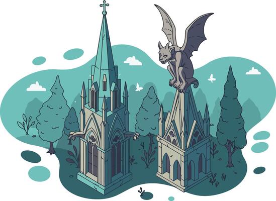 Gothic style church with detailed spires and gargoyle statue in artistic illustration