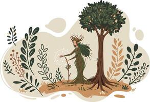 Nature spirit walking with staff under tree surrounded by leaves illustration vector