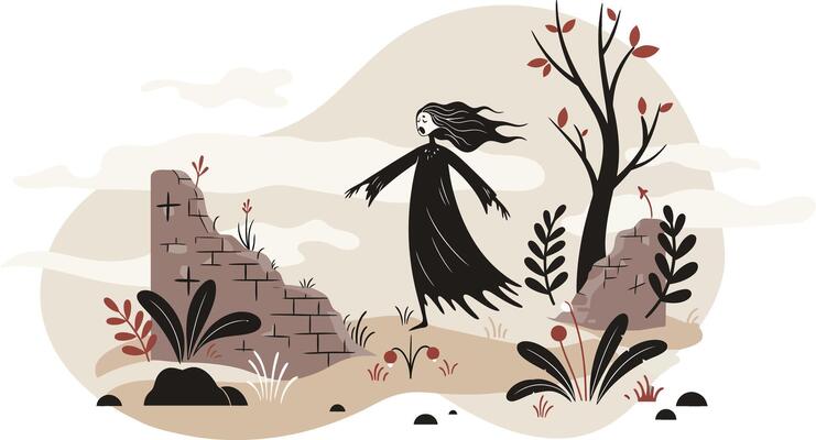 Woman walking among ruins with dry plants and tree in muted earth tones illustration