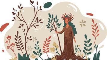 Nature spirit woman with tree branches and autumn leaves in mystical forest scene illustration vector