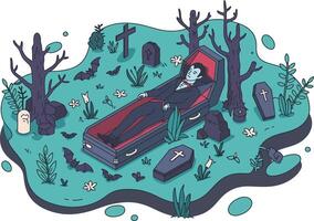 Vampire resting in coffin surrounded by graveyard with tombstones and leafless trees in spooky environment illustration vector
