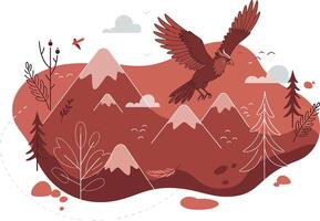 Red eagle flying over mountainous landscape with autumn trees and birds illustration vector