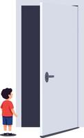 Child standing in front of open door symbolizing opportunity and curiosity illustration vector