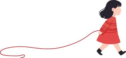 Girl walking with red string trailing behind in simple illustration of childhood and imagination vector