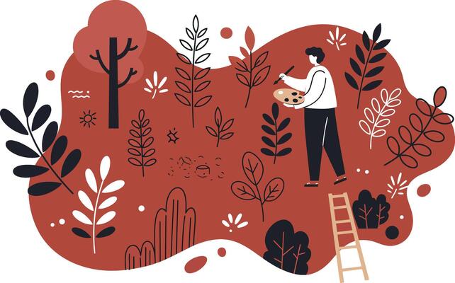 Person planting tree in abstract nature scene with brown and black foliage illustration