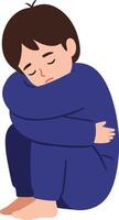 Sad little boy sitting alone hugging knees in blue pajamas illustration vector