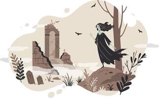 Mysterious woman standing near ancient ruined tomb in autumn forest landscape illustration vector