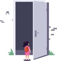 Little girl standing by open door looking inside in minimalist illustration vector