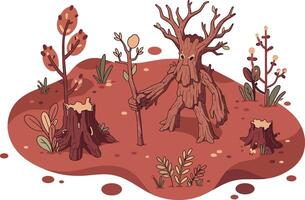 Tree character with red autumn leaves and stumps on earthy soil illustration in fantasy style vector
