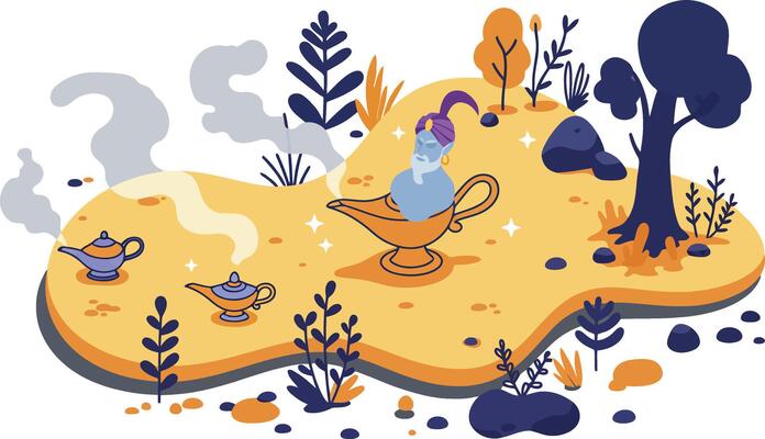 Magic lamp with smoke and bird in fantasy garden scene with plants and trees illustration