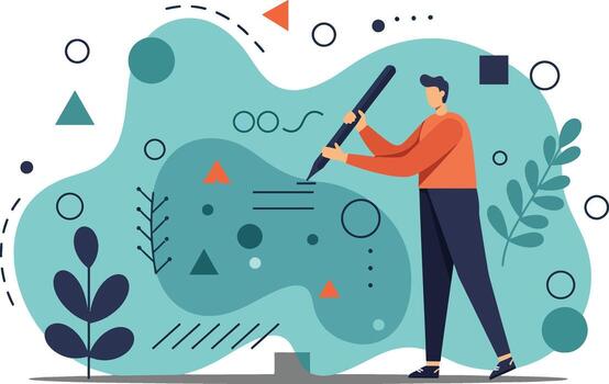 Man using telescope for observation among abstract plants and shapes in modern illustration vector