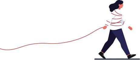 Woman walking with a red leash holding an invisible dog illustration in minimal style vector
