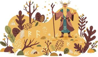 Norse god illustration with ancient runes and autumn foliage in warm golden tones art vector