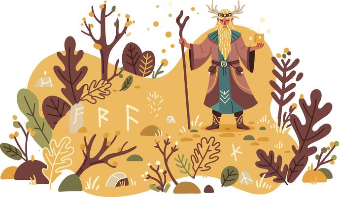 Norse god illustration with ancient runes and autumn foliage in warm golden tones art