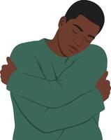 Man hugging himself in green sweater expressing self-care and self-love in illustration vector