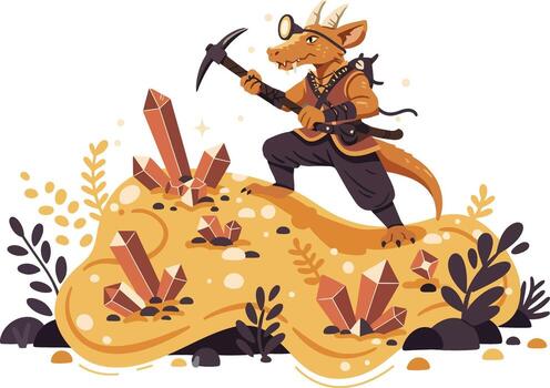 Dragon Miner Extracting Red Crystals from Golden Rock with Pickaxe in Fantasy Mining Scene vector
