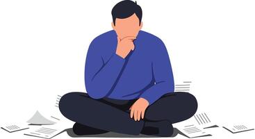 Man in blue sweater sitting on floor surrounded by scattered papers thinking illustration vector