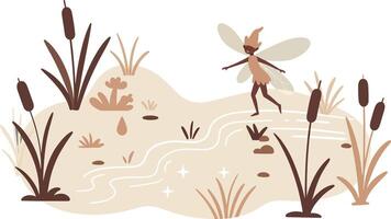 Fairy flying over pond with cattails and grasses in muted brown tones illustration vector