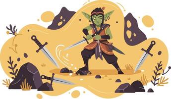 Green fantasy warrior character with swords in mystical rocky environment illustration vector
