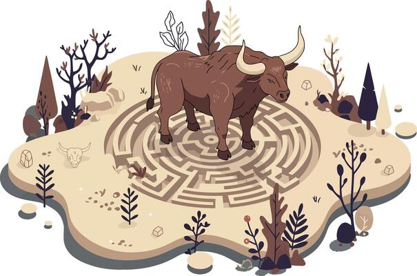 Bull standing inside circular maze on barren land with dry trees and bushes illustration