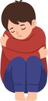 Sad young boy sitting curled up hugging knees in emotional pose illustration vector