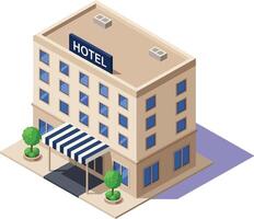 Hotel building with awning and windows in isometric style illustration for travel and accommodation concepts vector