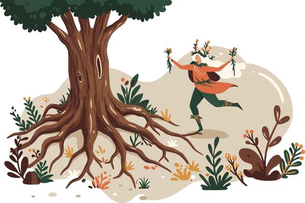 Tree with exposed roots and person dancing with garland in nature scene illustration