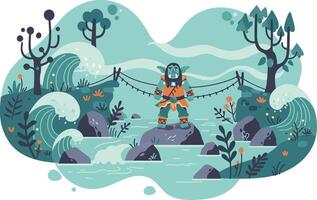Person Crossing Stream with Rope Bridge Surrounded by Forest and Rocks in Calm Nature Scene Illustration vector