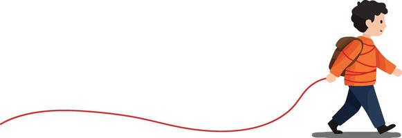 Boy walking with red string in hand playful child outdoor activity illustration vector