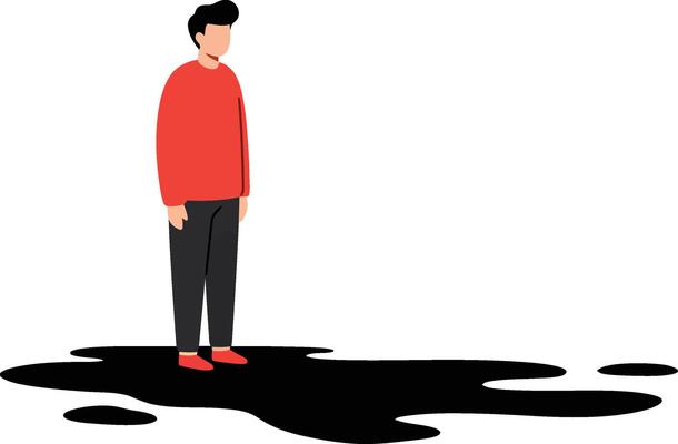 Man wearing red sweater standing on black abstract shadow illustration in minimal style