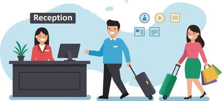 Reception desk with receptionist checking in hotel guests carrying luggage and shopping bags illustration vector