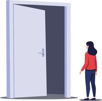 Woman standing in front of open door exploring new opportunities with minimalist design and purple tones illustration vector