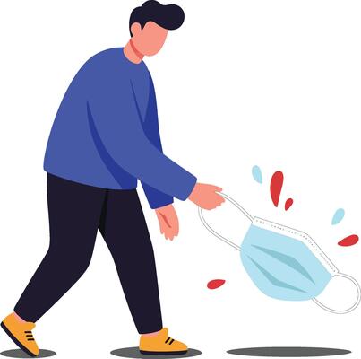 Man tossing disposable face mask in casual clothing illustration for environmental awareness and pollution prevention