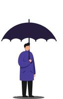 Man standing under black umbrella wearing blue coat and boots illustration vector