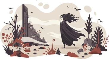 Mysterious cloaked figure walking near barren landscape with towering rock formation and sparse vegetation illustration vector