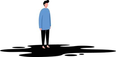 Young man standing barefoot on black paint splash minimal illustration with blue shirt and black pants vector