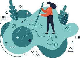Person fishing in abstract pond surrounded by plants and geometric shapes illustration vector