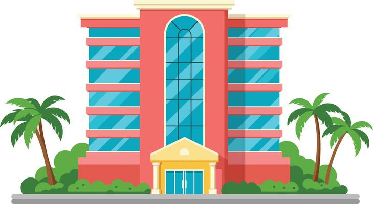 Modern coral colored office building with glass windows and palm trees illustration