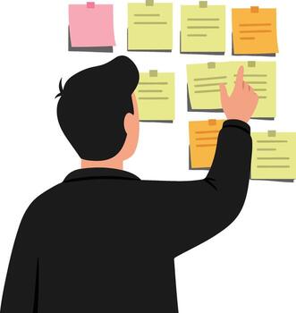 hombre organizando pegajoso notas en pared para planificación y lluvia de ideas Tareas en oficina ilustración vector