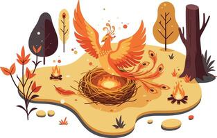 Phoenix rising from fiery nest with autumn trees and fallen leaves illustration in warm tones vector