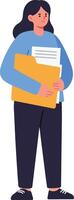 Woman holding documents and folder standing in casual outfit illustration vector