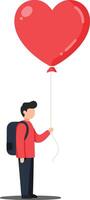 Man holding red heart-shaped balloon standing with backpack illustration in minimal style vector
