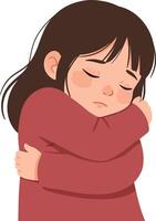 Sad girl hugging herself in red sweater expressing loneliness and comfort illustration vector