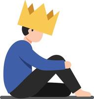 Sad young boy sitting with paper crown on head in thoughtful pose illustration vector