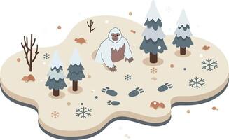 Yeti creature in snowy forest with pine trees and animal footprints winter wildlife illustration vector