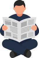 Man Sitting Cross Legged Reading Newspaper Illustration in Simple Style vector