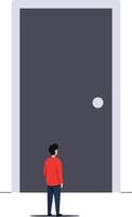 Small person standing in front of large dark gray door concept illustration vector